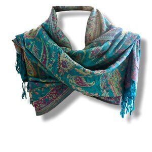 Pashmina Silk Blend Fringed Vibrant Aqua Fuchsia Paisley Scarf Shawl Wrap